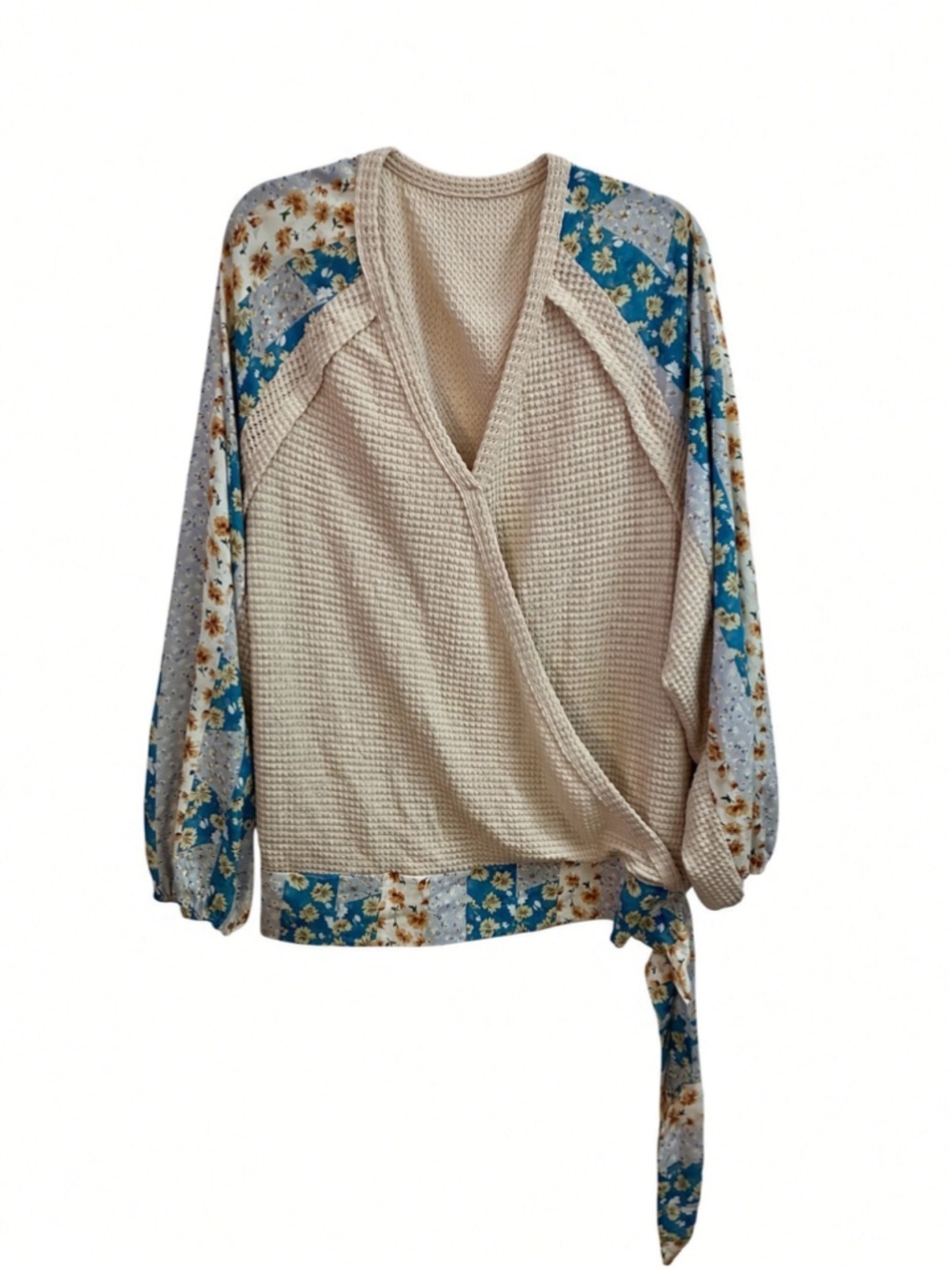 Floral Patchwork Waffle Knit Wrap Tie V-Neck Blouse Top Size X-Large XL 2X - Picture 3 of 14